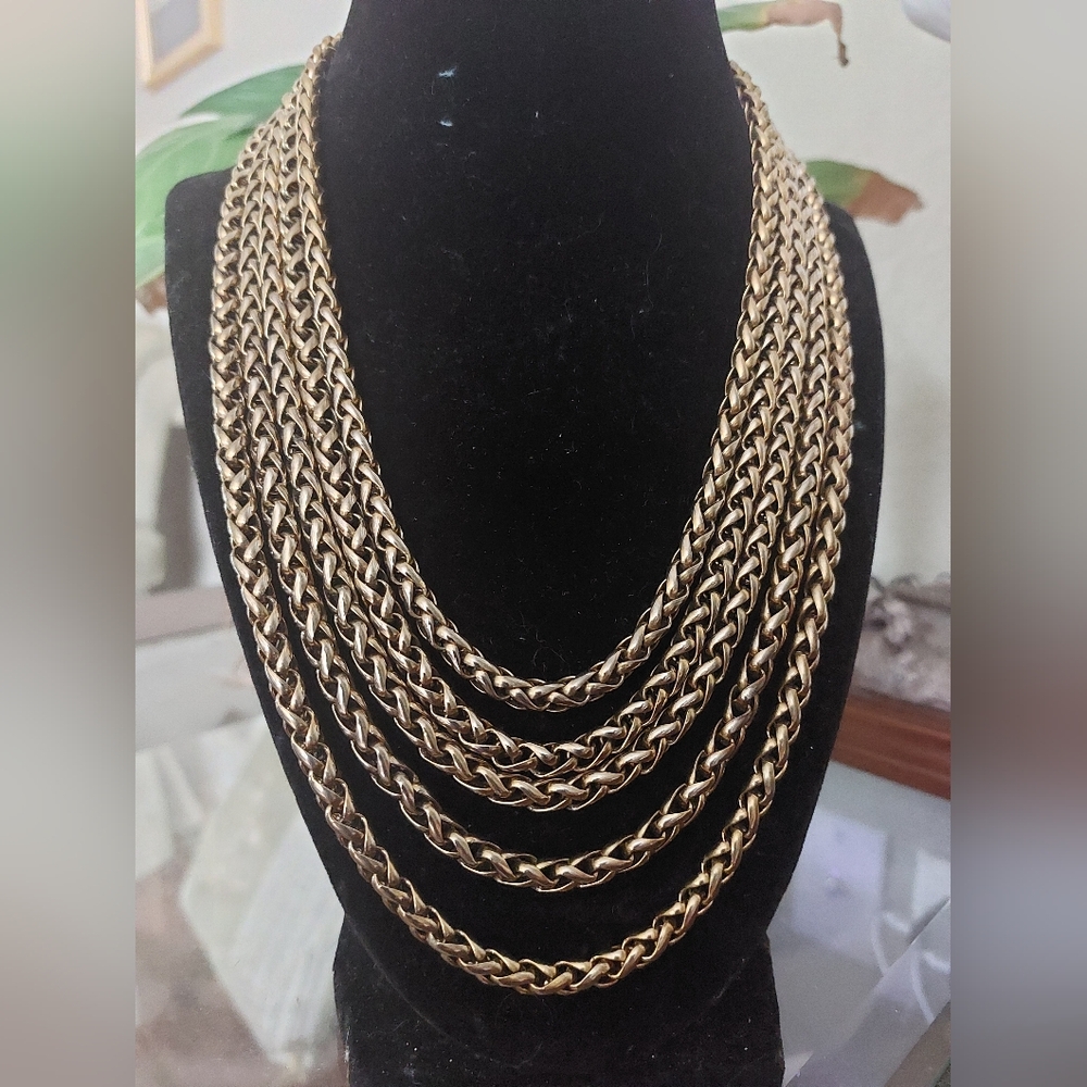 Multi Chain Multi Length Goldtone Metal Necklace, Vintage